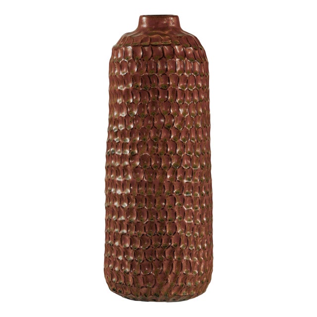 Tall Brown Ceramic Vase with Honeycomb Texture and Green Speckled Glaze For Sale - Image 14 of 18