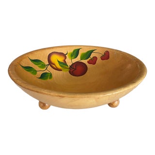 Vintage Hand Painted Wooden Footed Fruit Bowl For Sale