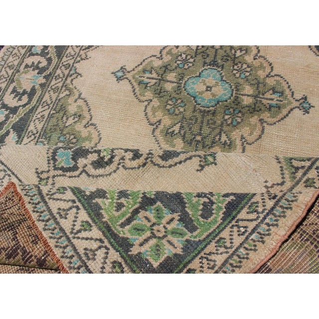 Turkish Oushak Runner With Medallion Design in Dark Blue, Blush, Aqua and Green For Sale - Image 10 of 12