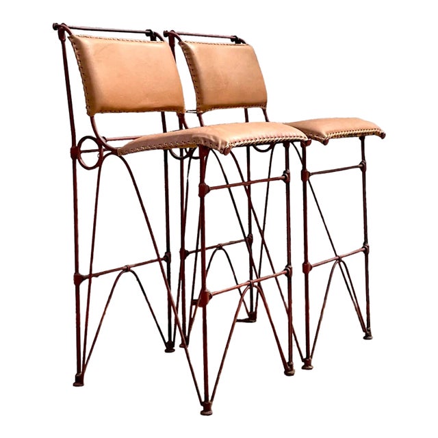 Vintage 1970's Brutalist Leather Bar Stool After Ilana Goor - a Pair For Sale