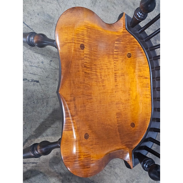 Pair of Late 20th Century Tiger Maple & Black Continuous Windsor Arm Chairs Bench Made For Sale In Cleveland - Image 6 of 11