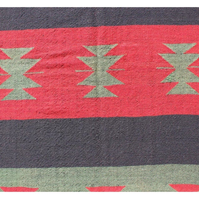 Textile Large Vintage Kilim Rug With Tribal Shapes and Stripes in Red, Brown and Green For Sale - Image 7 of 13