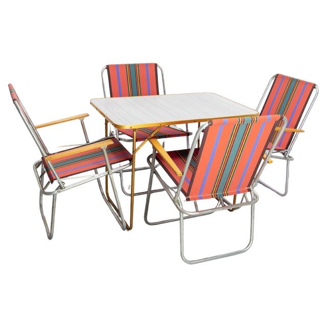 French Folding Camping Chairs and Table, 1950s, Set of 5 For Sale