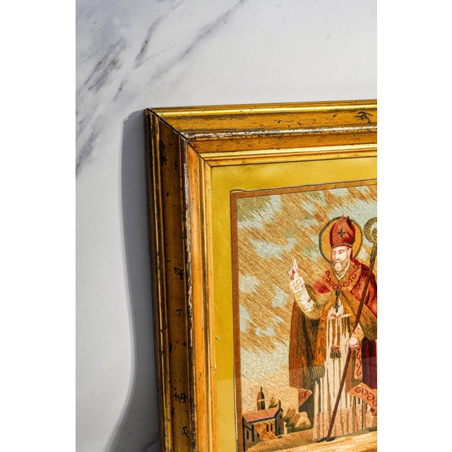 Rare Hand Made Antique Religious Devotional Textile Artwork 19th Century Religious Silkwork Catholic Bishop Saint Home Wall Decor For Sale - Image 15 of 18