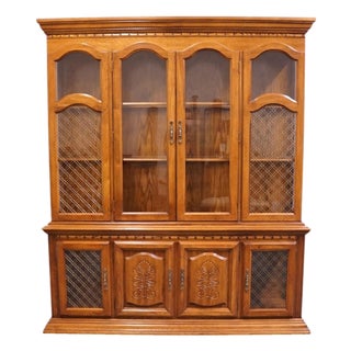 Singer Furniture Solid Oak Mediterranean Spanish Revival 72" China Cabinet W. Grilled Doors 6394-370 For Sale