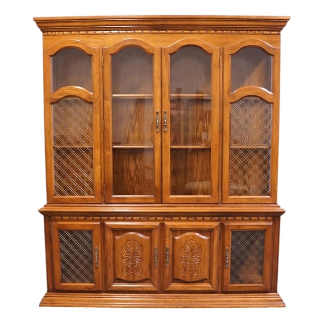 Singer Furniture Solid Oak Mediterranean Spanish Revival 72" China Cabinet W. Grilled Doors 6394-370 For Sale