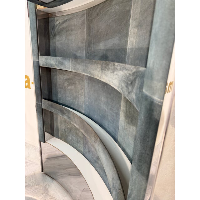 1970s Mid-Century Modern Attributed to Willy Rizzo Bar Cabinet in Blue Suede, Brass & Chrome For Sale - Image 13 of 13