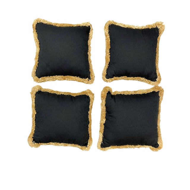Black Set of 4 Vintage Petit Point Floral Needlepoint Pillows With Gold Fringe Trim For Sale - Image 8 of 12