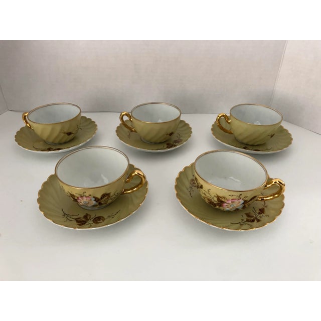 Gold Vintage Hand Painted Floral Small Tea/ Demitasse Cups & Saucers S/5 For Sale - Image 8 of 8