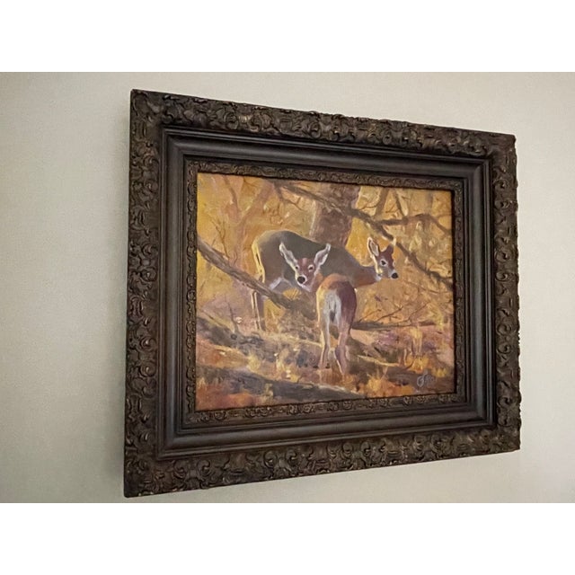 Early 20th Century Vintage Signed Doe and Fawn Original Oil Painting, Framed For Sale - Image 4 of 5