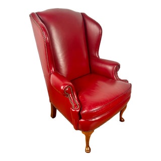 Late 20th Century Leather Scroll Arm Wingback Lounge Chair With Nailheads by Classic For Sale