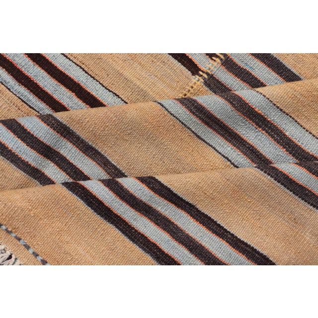 Turkish Vintage Kilim Striped Rug in Brown, Blue & Cream 5'3 X 12'4 For Sale - Image 10 of 11
