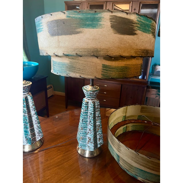 Mid 20th Century Table Lamps Pair With Fiberglass Shades, Turquoise and Gold, Excellent Vintage MCM Condition! For Sale - Image 12 of 15