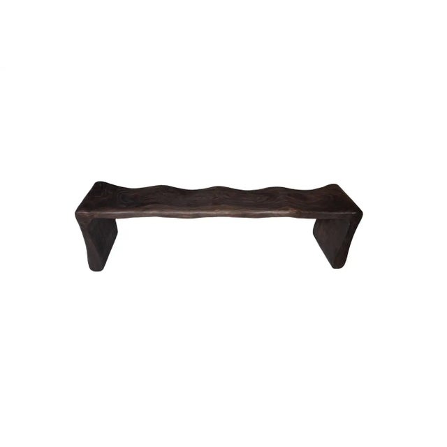 Contemporary Sculptural Mango Wood Bench, Modern Organic, Wood Textures, Dark Brown For Sale - Image 3 of 6