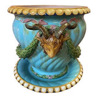 Mid 19th Century English Minton Majolica Jardiniere & Tray For Sale