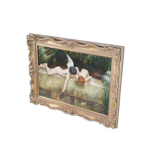 French Mid 20th Century The Rescue Cupid Recovering His Quiver Oil Painting After Emile Munier 44" For Sale - Image 3 of 13