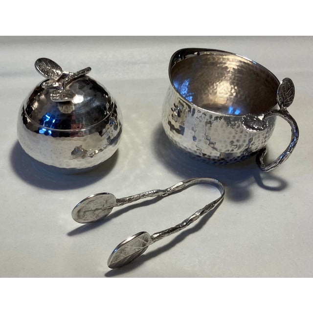 Michael Aram Michael Aram Silver Plate Sugar Bowl with Lid, Tongs and Creamer Set- 3 Pieces For Sale - Image 4 of 7