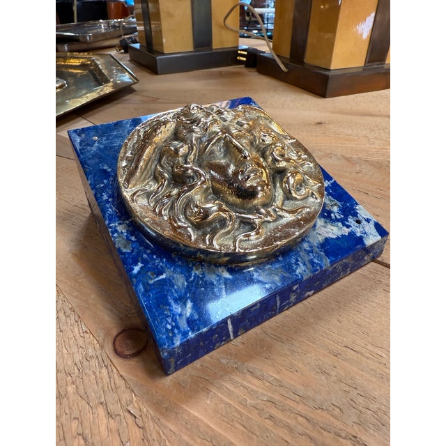 Gemstone 1960s Italian Lapis Lazuli and Gilt Bronze Medusa Plaque, Gioielleria Tarascio, Rome For Sale - Image 7 of 9