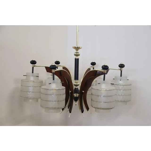 Mid-Century Italian Glass Bowls, Wood, Brass and Black Lacquered Metal Chandelier, 1950s For Sale - Image 11 of 12