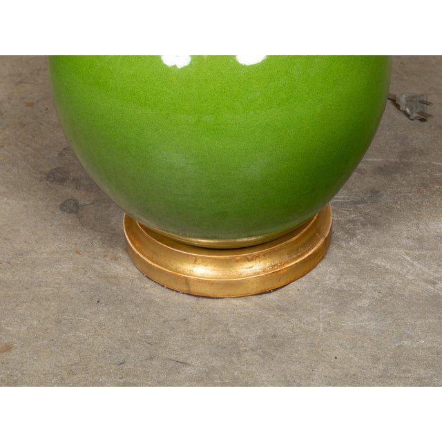 Early 21st Century Apple Green Porcelain Vase Table Lamp on Gilt Base, Wired for the USA For Sale - Image 5 of 9
