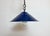 Industrial blue enamel factory pendant light made in United Kingdom during the 1950s . White enamel inside the shade....