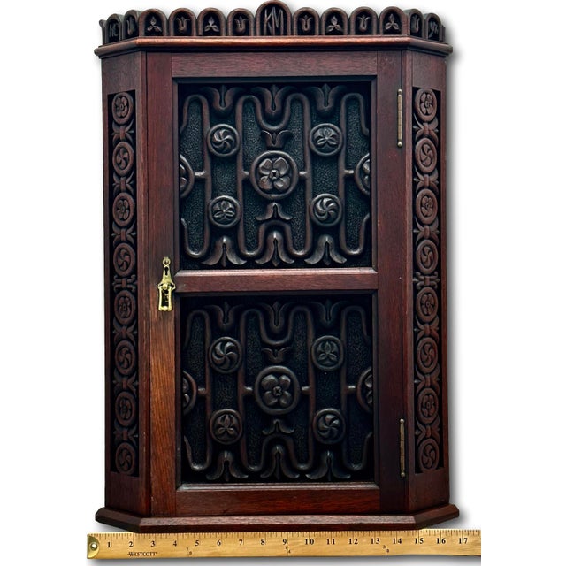 Outstanding Antique Beautifully Hand Carved Solid Mahogany Wall Hanging Corner Cabinet - Signed & Dated 1900 For Sale - Image 14 of 18
