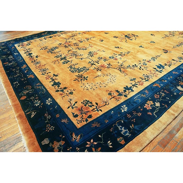 1920s Antique Large Oversized Big Floral Yellow Chinese Art Deco Knotted Rug For Sale - Image 4 of 7