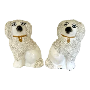 Pair of Miniature English Staffordshire Poodle Figurines, 1950s, 3ʺ Tall