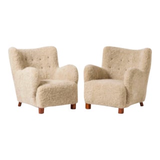 Danish Modern Sheepskin Armchairs, a Pair, 1940's For Sale