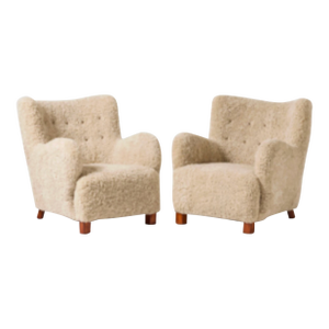 Danish Modern Sheepskin Armchairs, a Pair, 1940's