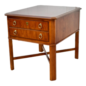 Drexel Inlaid Side Table YewWood One Drawer Regency Style Stretcher Base Vintage