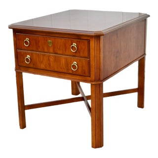 Vtg. Drexel Inlaid YewWood One Drawer Regency Style Side Table W/Stretcher Base For Sale