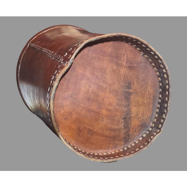 Mid 20th Century Vintage Antique 13" Leather Stitched Waste Basket Can With Ring Handles For Sale - Image 5 of 12