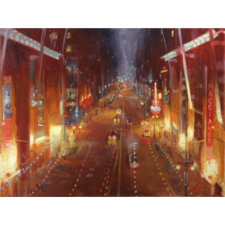 View from the Denver Pavilion by Christopher Clark | Oil on canvas City street scene at night For Sale