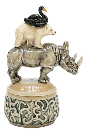 Ron Carlson, "Lidded Container With Triple Handle of Rhino, Bear and Duck" 2026