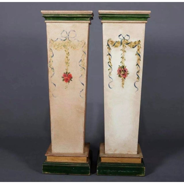 Wood Set of Two Vintage Country French Paint Decorated Wooden Column Pedestals For Sale - Image 7 of 10