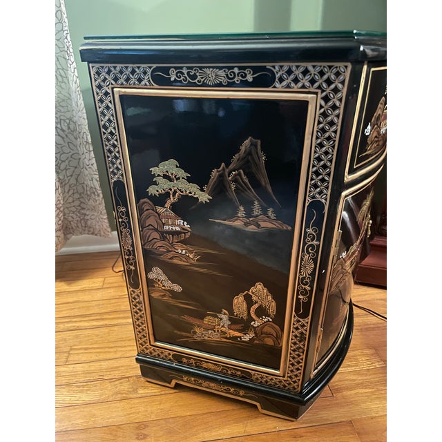 Mid-Century Modern VIntage Petite 19" Hand-Painted Gilt Chinoiserie "Shan Shui" Demilune Cabinet For Sale - Image 3 of 13