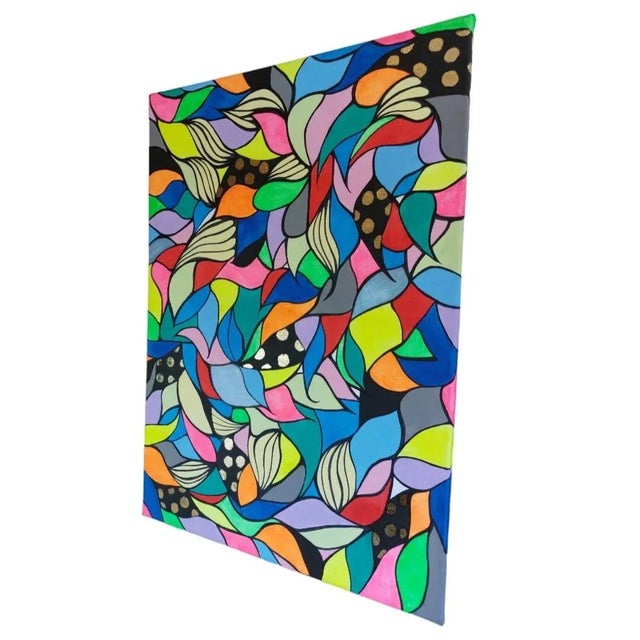 Abstract art Acrylic paint on canvas Collors: pink, red, yellow, blue, lilac, metallic bronze, metallic ice blue, black,...