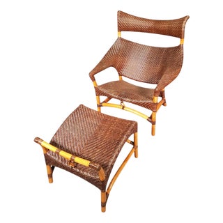 Set of Lounge Chair and Ottoman in Rattan and Bamboo from Yuzuru Yamakawa For Sale