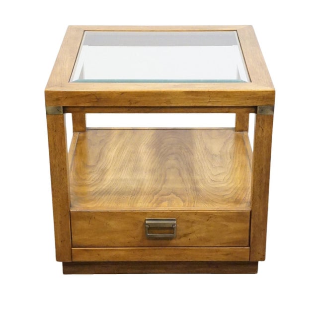 Rustic European Drexel Heritage Woodbriar Collection Pecan Rustic European 26" Square Accent End Table W. Glass Top 988-342 For Sale - Image 3 of 14