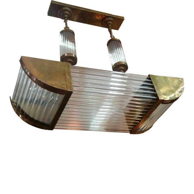 Vintage Art Deco Skyscraper Rod Ship Light Chandelier Fixture in Brass & Glass For Sale