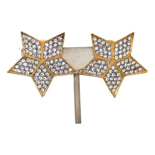 Vintage 1970s Signed Kramer for Geoffery Beene Goldtone Pavé Clear Rhinestone Star Clip Earrings-2 Pieces For Sale