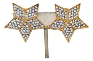 Vintage 1970s Signed Kramer for Geoffery Beene Goldtone Pavé Clear Rhinestone Star Clip Earrings-2 Pieces