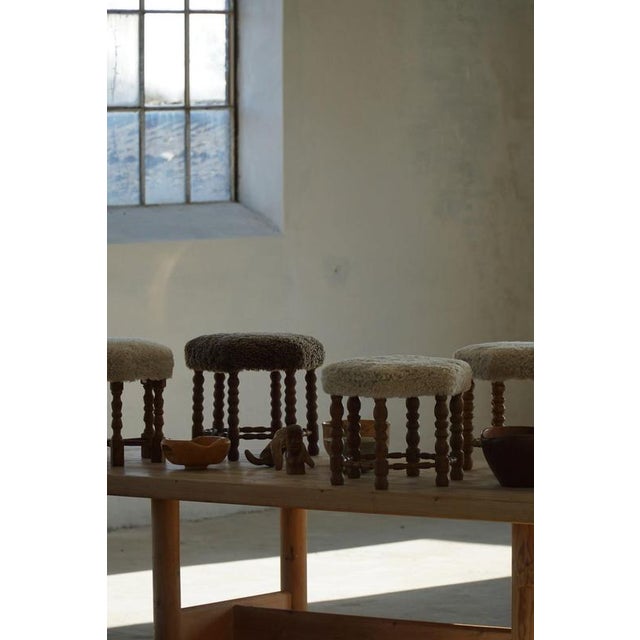 1950s Modern Danish Hexagon Stool in Oak & Lambswool, 1950s For Sale - Image 5 of 16