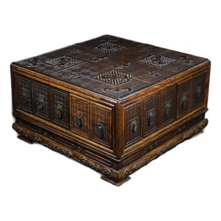 Vintage Chinese Huali Rosewood Treasure Box | Carved Bat & Swastika Motif Chest For Sale