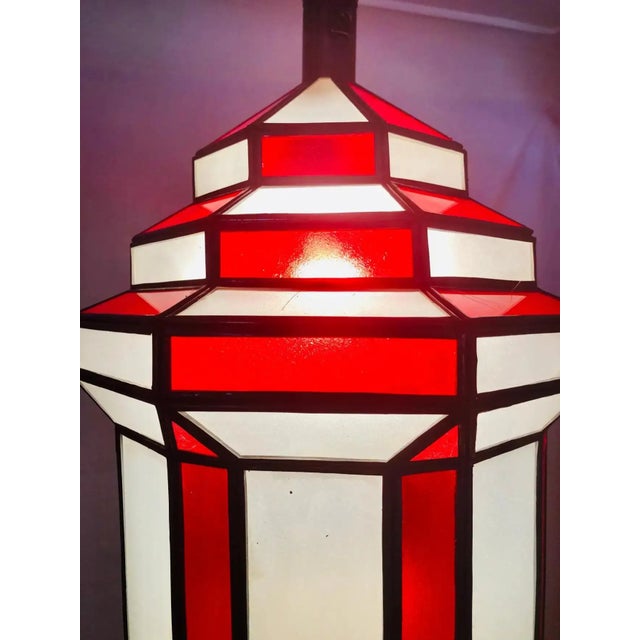 1990s 1990s Art Deco-Style White Milk & Red Glass & Bronze Chandelier, Pendant or Lantern For Sale - Image 5 of 18