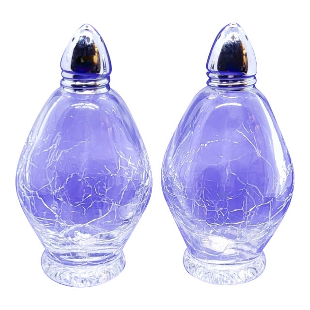 Vintage Irice Japan Crackle Glass Salt and Pepper Shakers Clear Mid Century Set For Sale
