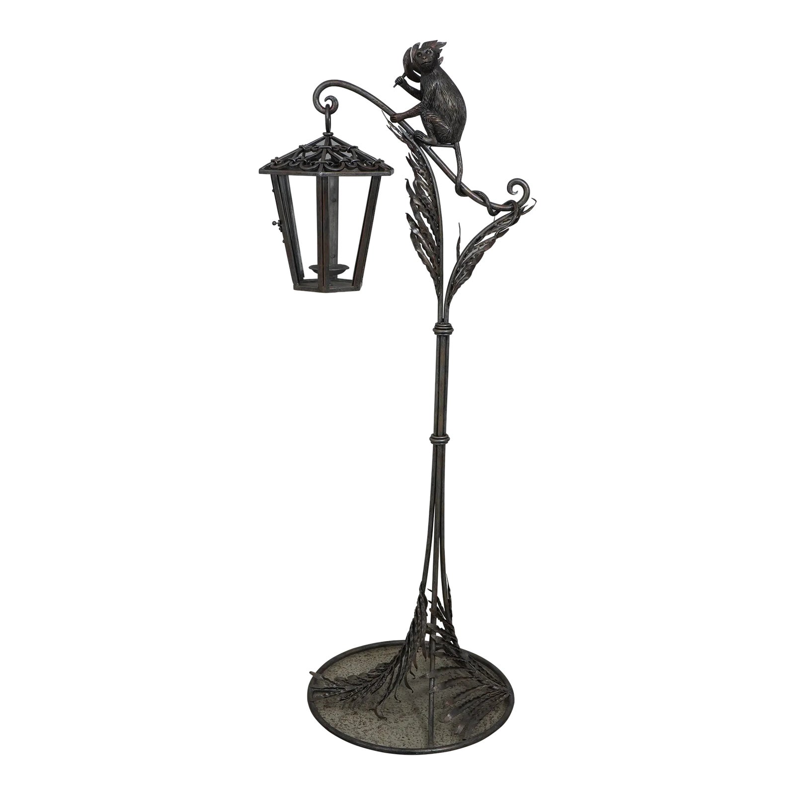 Maitland Smith Attributed Iron Monkey Candle Lantern Lamp | Chairish