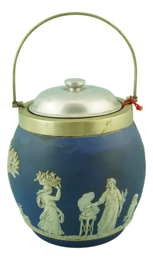 Neoclassical Vase or Biscuit Jar in Blue Jasperware with Classical Scenes from Wedgwood, Staffordshire, England, 1890s