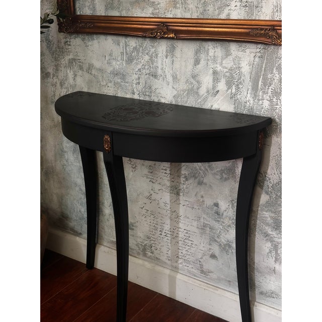 Ethan Allen Demilune Console Table, Hand Refinished, Matte Black, Dark Romance For Sale In San Diego - Image 6 of 8
